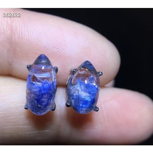 Genuine Natural Blue Dumortierite Rutilated Quartz Earrings Women 13/7mm 925 Sterling Silver Earring AAAAA