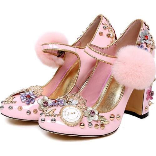 Ladies Rhinestone Flower Pink Wedding Shoes Round Toe Ankle Strap Rivet Vintage Pearl Metal Fur Crystal High Heels Stud Pumps