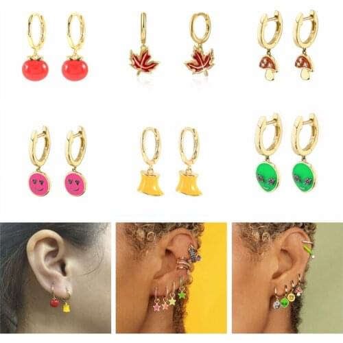 Viny 2021 Trend Vintage Enamel Earrings Pendientes 925 Sterling Silver Mini Mushroom Smile Apple Maple Leaf Earrings For Women