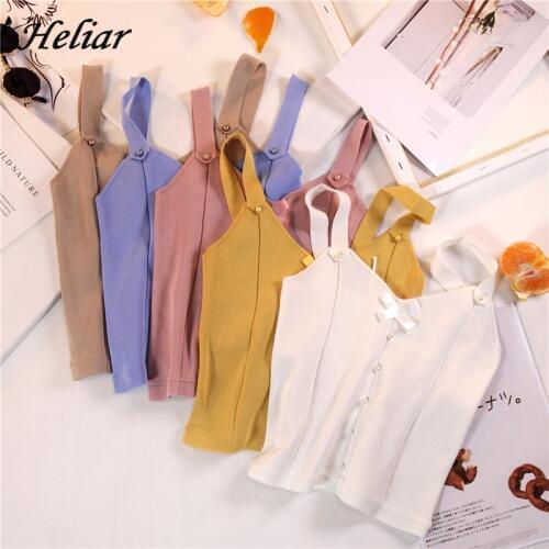 HELIAR Bow Neck With Buttons Female Sexy Skinny Crop Tops Women Spaghetti Cute Camis For Women 2020 Summer