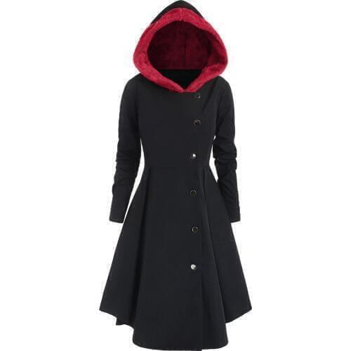 Wipalo Winter Plus Size Asymmetric Fleece Contrast Color Block Single Breasted Hooded Skirted Women Coat Long Outwear Coats 5XL