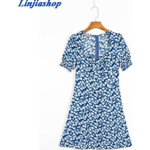 Fashion summer dress women slim square collar zipper short sleeve floral print mini dress femme vestidos dropshipping