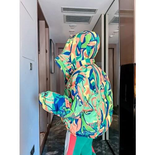 Graffiti Printed Cotton Coat Women Winter Warm Hooded Down Jacket Loose Short Thick Parka Oversized Street Hip Hop Cotton Jacket