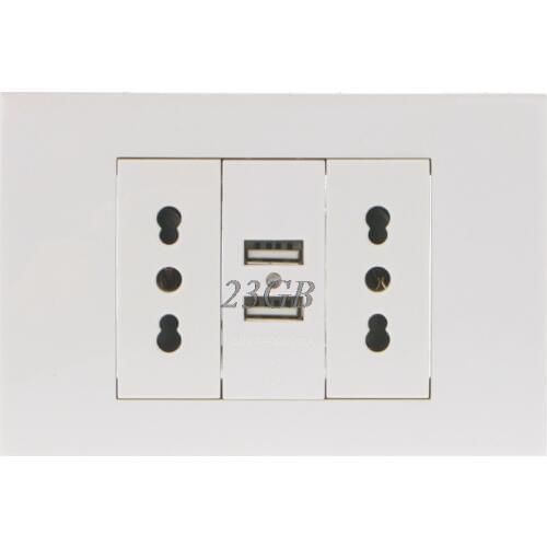 16A Wall Double Italian/Chile Plug Power Socket Adapter Dual USB Ports Panel 5V 1A F28