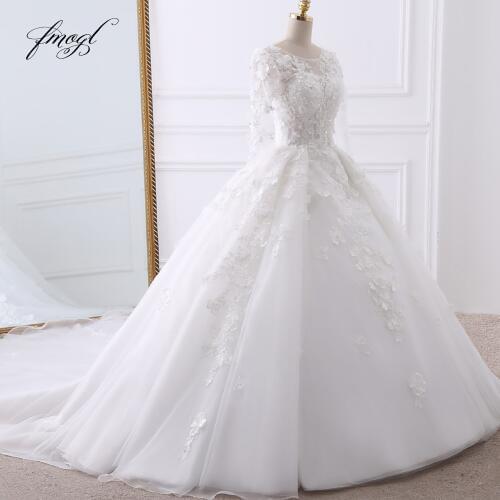 Fmogl Vestido De Noiva Long Sleeve Ball Gown Wedding Dresses 2021 Sexy Backless Appliques Beaded Flowers Lace Bride Gowns