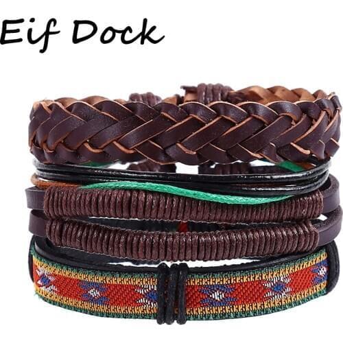 Eif Dock Ethnic 4 Pcs/set Wood Beads Charm Handmade Woven Men Leather Bracelets Women Vintage Bangle Male Homme Jewelry