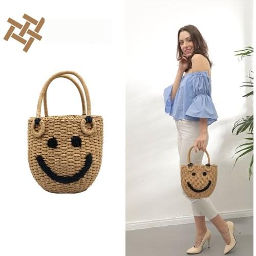 INS Japanese New Style Straw Bag Smiley Face Bucket Bag Summer Handbag Woven Holiday Beach Bag Women 's Bag shopping bag