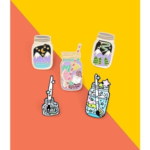 Creative Cup Ink Bottle Badge Fashion Cartoon Fruit Tea Drink Bottle Brooch Starry Sky Mountain Peak Wild Clothing Accessories