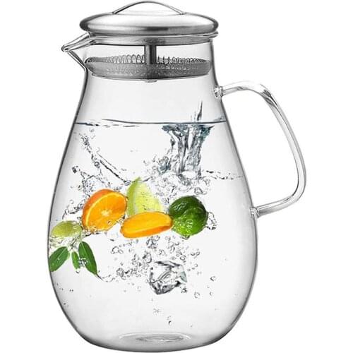 GF 1500ML Pitcher Glass with Stainless Steel Lid Water Carafe with Handle Beverage Pitcher for Homemade Juice Iced Tea Water Jug
