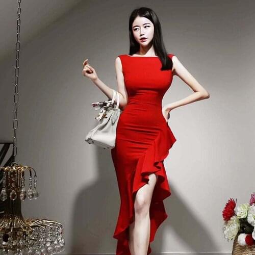 Summer Dresses Bodycon Bandage Sleeveless Womens Dress Ruffles Elegant Sexy Party Vintage Asymmetrical Red Korean Sundress