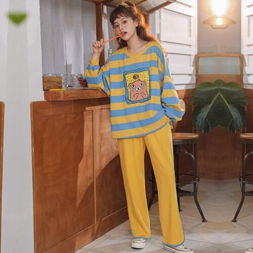 Spring and Autumn Cute Suit Striped Cartoon Korean Sweet Girl Casual Princess Style Leisure Tops Two-Piece Pajama Set