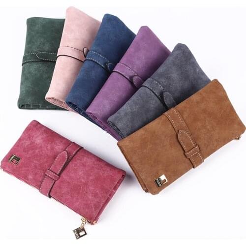 Fashion Women Wallets Drawstring Nubuck Leather Zipper Wallet Womens Long Design Purse Two Fold More Color Clutch