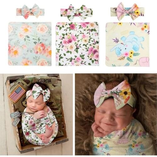 Newborn Photography Prop Baby Blankets Printed Newborn Infant Baby Boys Girls Sleeping Swaddle Muslin Wrap +Headband 2PCS