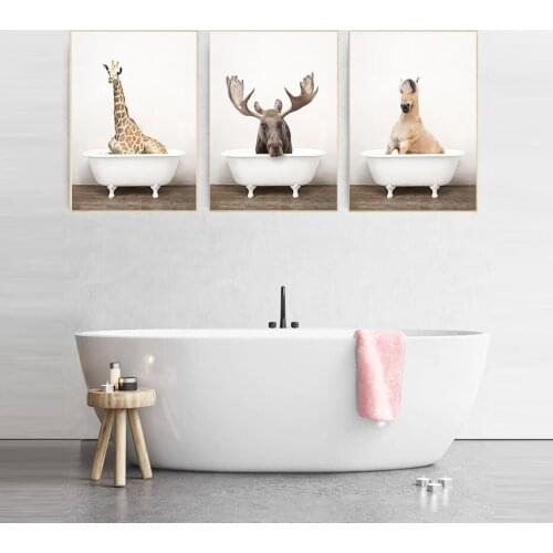 Funny Baby Animals in Bathtub Pictures Canvas Prints Raccoon Rhino Koala Flamingo Wall Art Painting Poster for Shower Room Decor