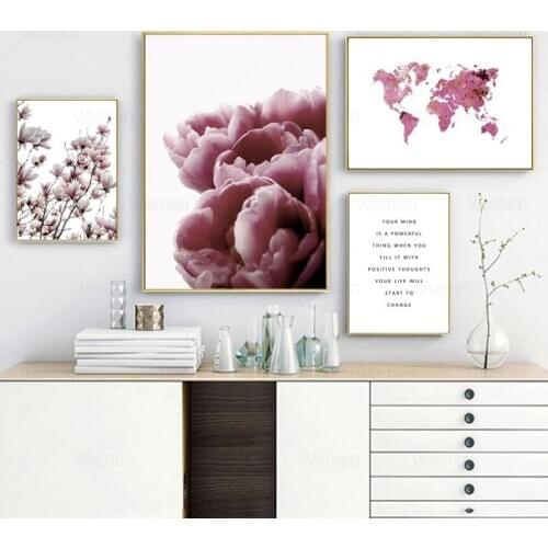 Wall Picture Pink Flowers World Map Wall Art Canvas Print Painting Nordic Poster Home Decor Living Room Girl Room Art Deco Mural