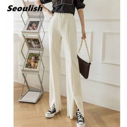 Seoulish 2021 New Minimalist Knitting Womens Wide Leg Pants Mid Waist Elegant Female Side Split Casual Long Pants Ladies Spring