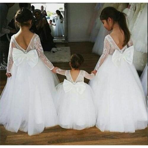 New White/Ivory Flower Girls Dresses for Wedding Long Sleeve Lace with Bow Girls Communion Dress