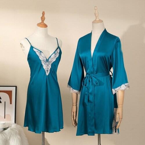 Spring Summer Sexy V-neck Bathrobe Satin Lace Bath Gown Night Dress Female Sleepwear Robe Set Home Clothes Nightwear