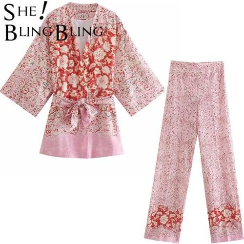 SheBlingBling Za Woman 2021 Summer Thin Paisley Mixed Print Linen Casual 2 Piece Sets Long Kimono Shirts Straight Pants Suits