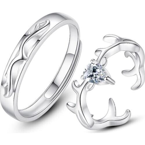 Blue Crystal Elk Antlers Adjustable Rings Deer Horn Zircon Lovers Couples Rings For Women Men Engagement Wedding Jewelry Gifts