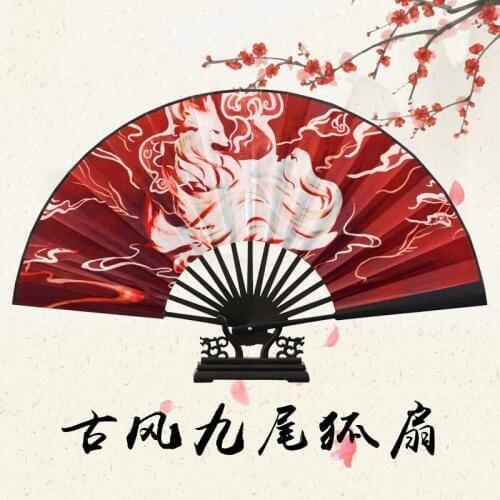 Chinese style Anime folding fan Nine-tailed fox White Dragon Night God Hell Flowers peach blossom vintage bamboo Hanfu fan
