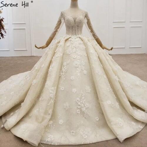 Champagne Pearls Handmade Flowers Plus Size Wedding Dresses 2020 Dubai Sparkle High end Bridal Dress BHX0167 Couture Dress