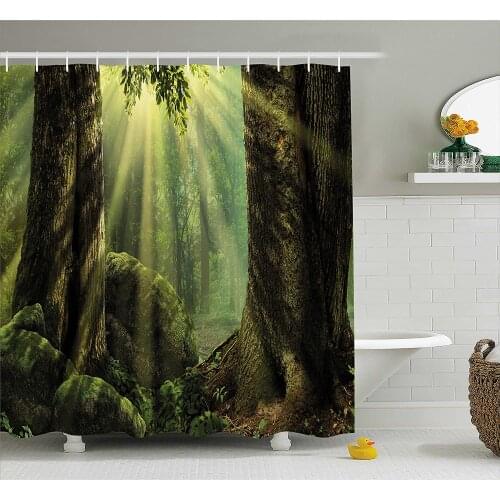 Nature Shower Curtain Deep Down in Forest with Sunbeams Reflections on Moss Tree Bodies Scenery Bathroom Waterproof Curtains