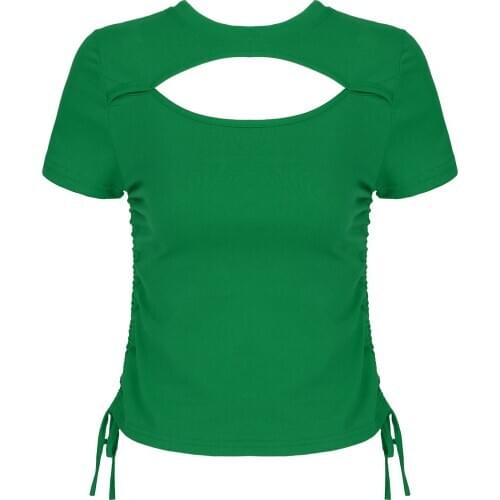 Women Hollow Out T-shirt Side Drawstring Ruched Crop Tops O Neck Short Sleeves Solid Color Slim Pullover Casual Summer Top Club