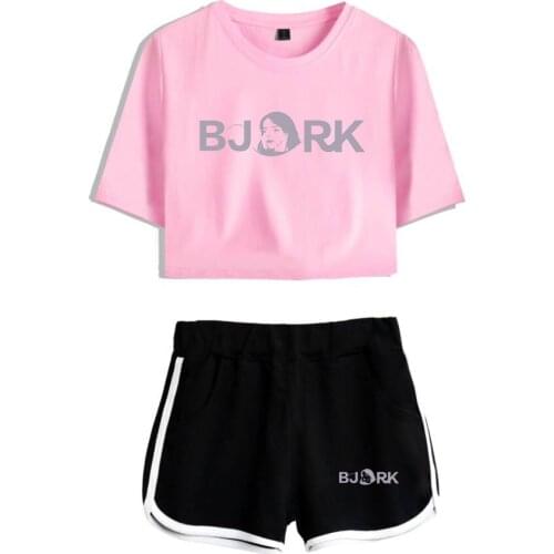 Fashion Summer Bjork Exposed Navel pink T-shirt+black shorts womens two-piece sets Hot Cotton High Quality girls two-piece suit
