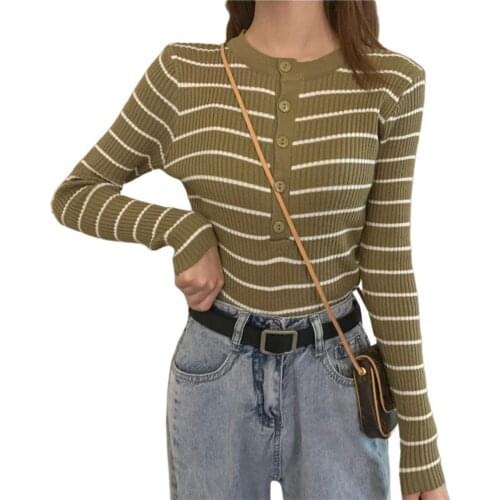Women Autumn Long Sleeve V Neck Buttons Stripes Slim Knitwear Pullover Blouse