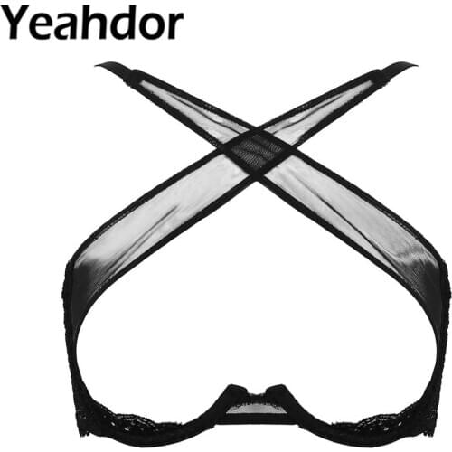 Womens See Through Sheer Mesh Braltte Lingerie Spaghetti Straps Crisscross Llace Trim Hollow Out Breast Uncderwired Cups Bra Top