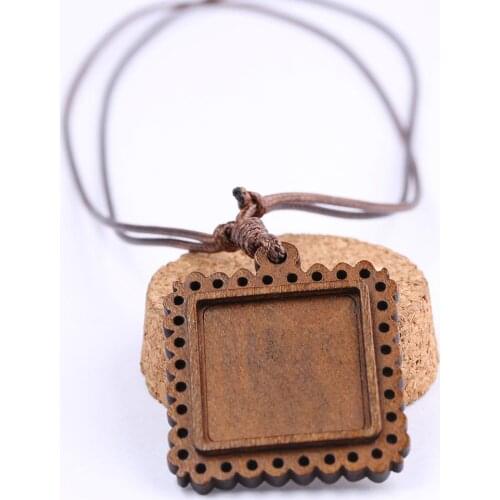 Reidgaller 5pcs square cabochon base settings 25mm dia blank wood pendant tray for diy necklace making with leather cord