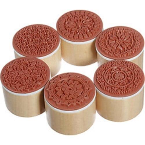 6 Pcs Retro Vintage Floral Pattern Round Wooden Rubber Stamp Scrapbook Craft