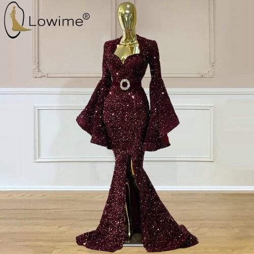 Arabic Muslim Sparkly Sequins Mermaid Evening Dresses Long Flared Sleeves Slit Prom Party Gowns Vestidos De Fiesta