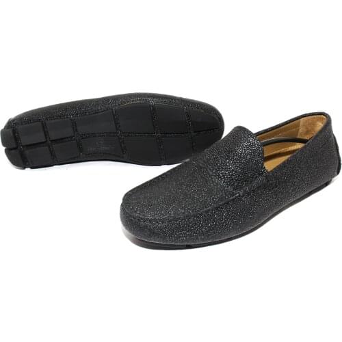 Handmade Black Moccasins with Realistic Stingray Skin Patterned Calf Leather, Non Slip Rubber Soles, Casual Shoes for Men