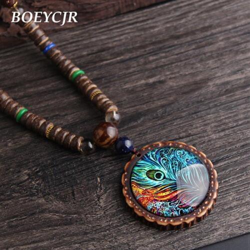 BOEYCJR Wooden beads Peacock Feather pattern Vintage Handmade Jewelry Long Pendant Necklace for Women