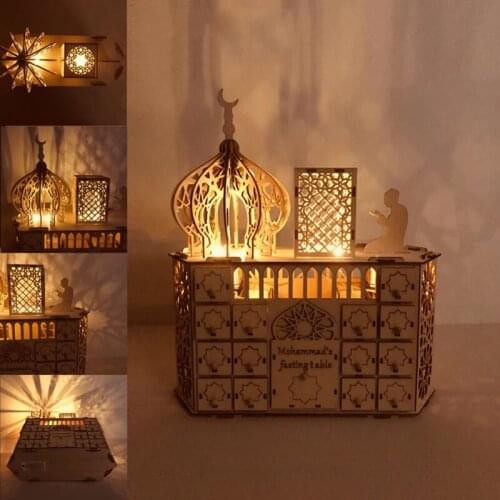 Wooden Eid Mubarak Ramadan Advent Calendar LED Light DIY Muslim Islamic 30 Grids