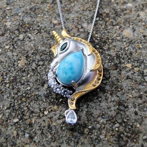 Two Tone plated Unicorn Pendant 925 Sterling Silver Pear Cut Natural Larimar Women Pendant Necklace For Gift