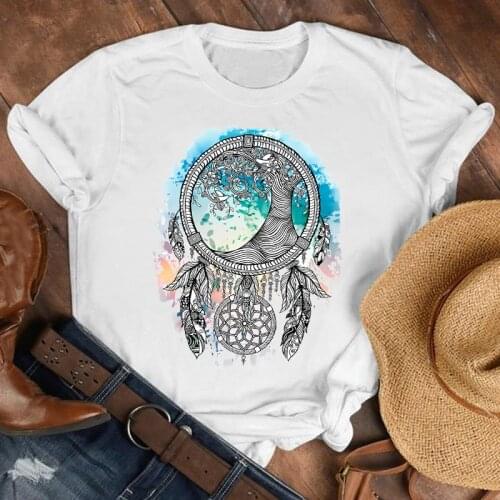 FIXSYS Feather Dream Catcher Graphics Printed Female Tshirts Summer New Fashion Short Sleeve Women T-shirt Girls Harajuku Tops