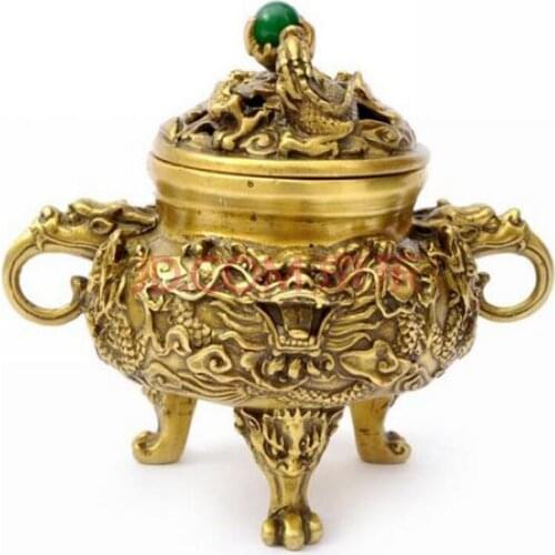 Chinese Palace Pure Brass Nine Dragon Lion Head Statue Incense Burner Censer