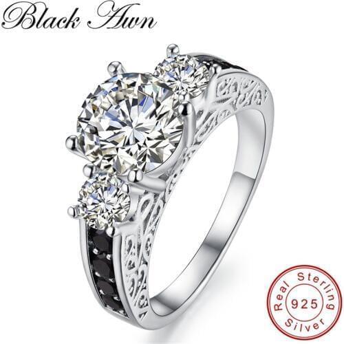 [BLACK AWN] Black & White Silver Eternity 925 Sterling Silver Jewelry Trendy Wedding Rings for Women Engagement Ring C098