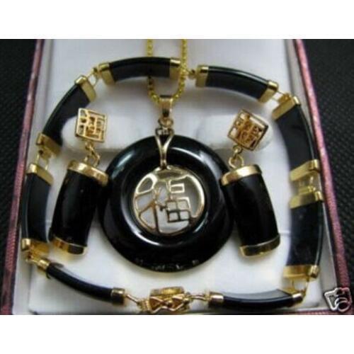Fine Black jade pendant necklace bracelet earrings sets
