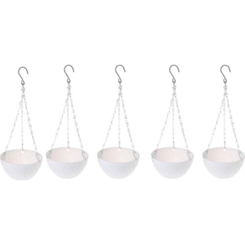 5Pcs Round Plastic Hanging Basket Flower Pot 16X10cm Garden Plant Chain Planter Decoration Hanging Flower Pots(White)