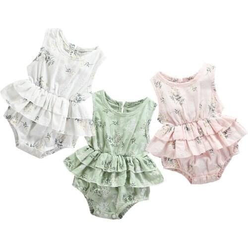 Baby Girls Summer Bodysuit, Cute Sleeveless Floral Print Ruffle Romper Tutu Dress