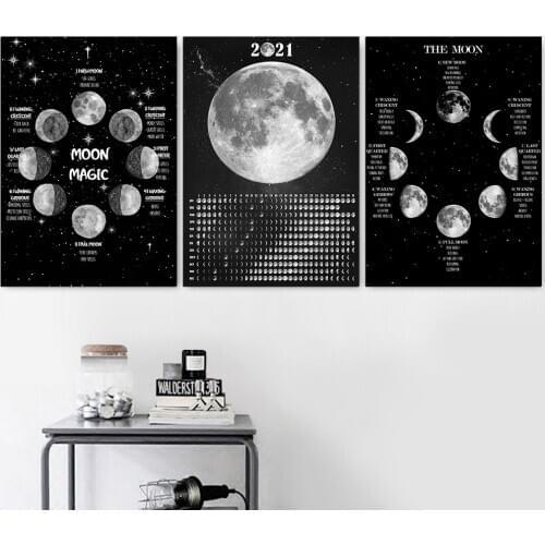 2021 Big Best Sell Moon Phase Calendar Poster Night Sky Print Witch Art Decor No Frame Living Room Decor Black and White Picture