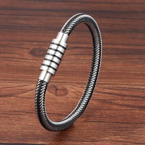 LAMEMDEE Punk Threaded Button Metal Weaving Bracelet Men Women Stainless Steel Twining Classic Style Charm Black High Quality