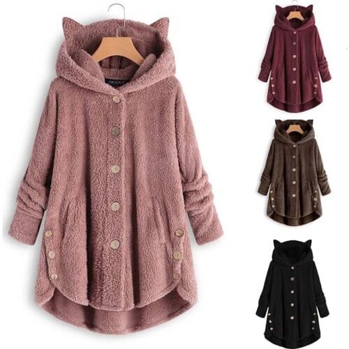 2019 Button Cute Harajuku Cat Hat Ears Sweatshirt Button Casual Hooded Soft Tedy Coat Irregular Hem Pullover Moletons Ey
