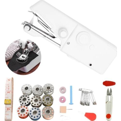Mini Portable Handheld Electric Sewing Machine Set with Pins Scissors Bobbins Coils Needle Winding Rod Tape Measure Sewing Tools