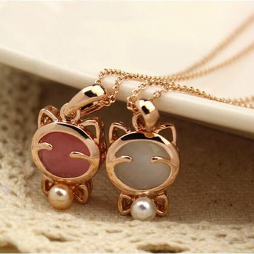 Fashion Jewelry Bohemian Cute Animal Necklace Lady Opal Stone Lucky Cat Necklace Statement Elegant Pendant Necklace