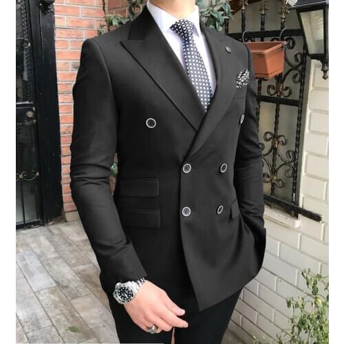 2020 Men Suit 2 Piece Casual Double Breasted Notched Lapel Tuxedos Black/Beige/Grey Groomsmen Wedding (Blazer+Pants)